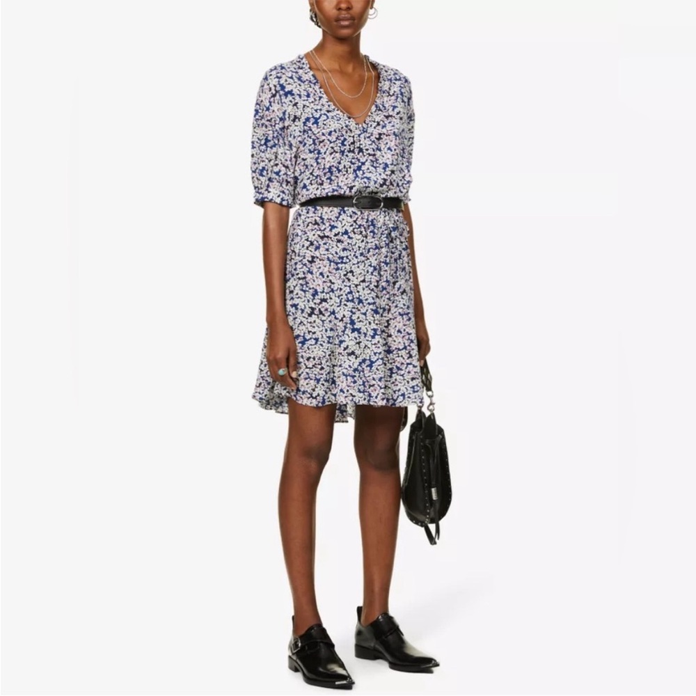 ZADIG & VOLTAIRE Blue, White and Pink Ruffled Puff Sleeve Mini Dress, sz XS